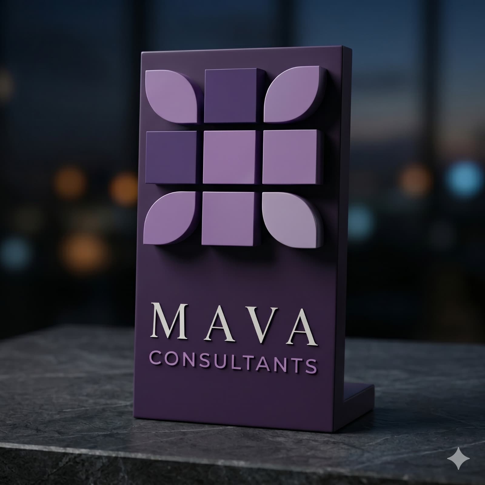 MAVA Consultants nameplate sculpture on a desk with city lights softly blurred in the background