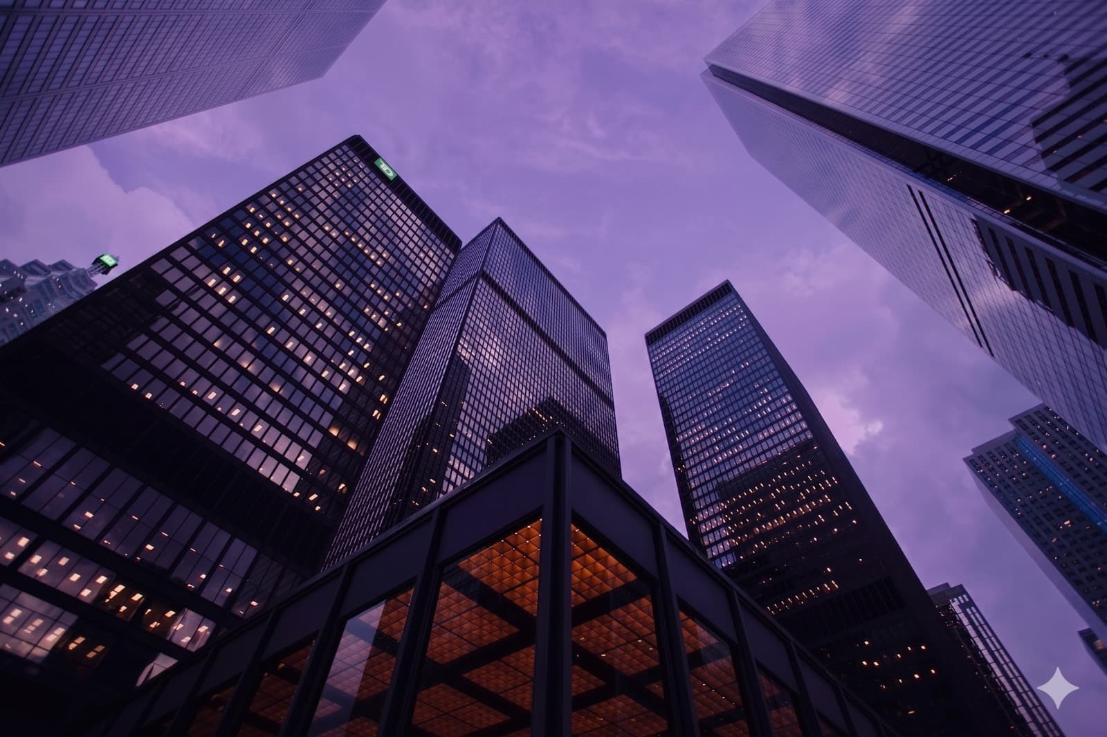Skyline of corporate towers at dusk